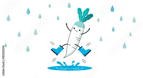 Joyful Radish Jumping In Puddle Smiling During The Rain Amongst Falling Water Drops Artwork