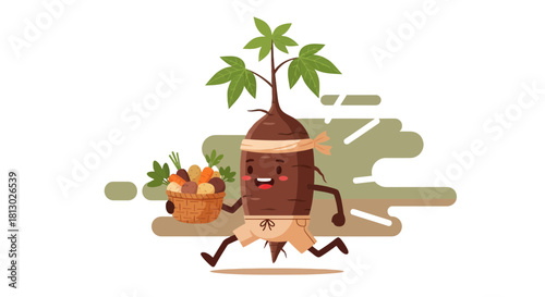 Joyful Root Figure Carrying Harvested Vegetables, Creative Illustration with Green Leaves
