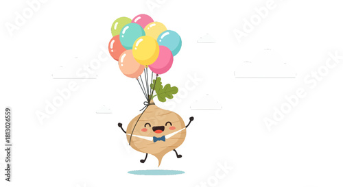 Joyful Root Vegetable Ascends with Colorful Balloons Against a Dark Sky Background