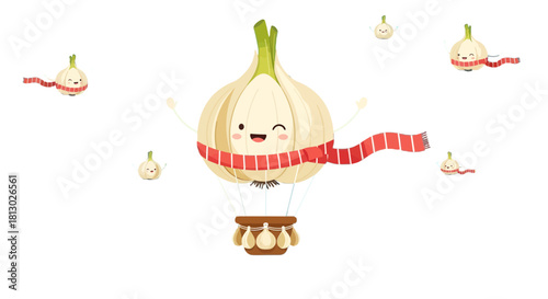 Joyful Garlic Balloon Ride: A Playful and Whimsical Illustration in Black Space