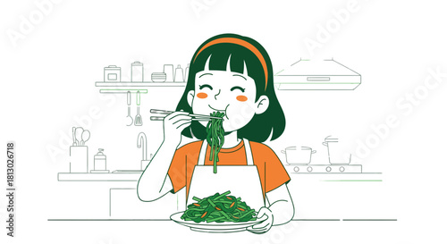 Joyful Girl Savoring a Delicious Asian Culinary Creation in a Kitchen Setting