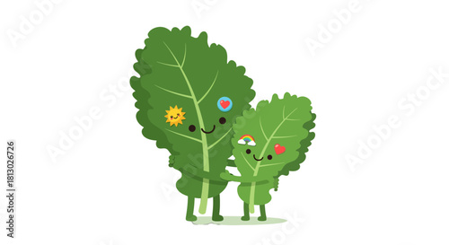 Joyful Green Leaves Embrace in a Heartfelt and Animated Illustration Showcasing Affection