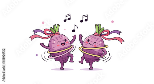 Joyful Root Vegetables Dancing to Musical Notes with Whimsical Ribbons on a Dark Background