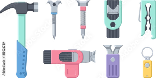 Collection of Colorful Hand Tools Including Hammer Screwdriver Utility Knife and Clipper