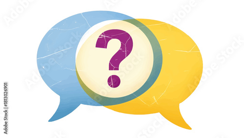 Vector illustration of two overlapping speech bubbles, one blue and one yellow, with a purple question mark in the center isolated on transparent background 