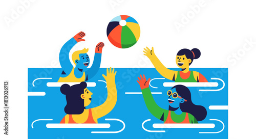 Joyful Group Playing Beach Volleyball in the Pool on a Sunny Summer Day