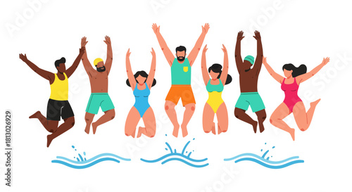 Joyful Group Of People Jumping Into Water With Raised Arms On Black Background
