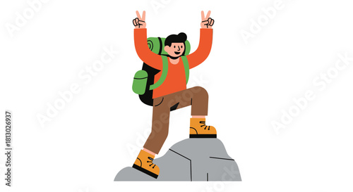 Joyful Hiker Celebrating Vista While Ascending a Rocky Outcrop in Stunning Illustration