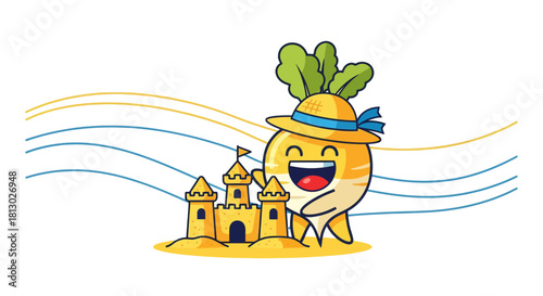 Joyful Turnip Mascot Enjoying a Sunshine Day Building a Sandy Castle on the Beach