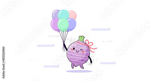 Joyful Turnip Floats Amidst Pastel Balloons and Gentle Clouds, A Whimsical Display