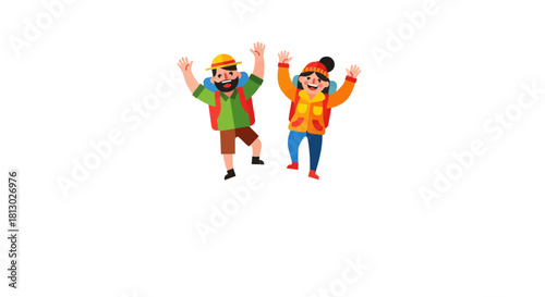 Joyful Hikers Celebrating Adventure with Backpacks Under a Clear Sky Together