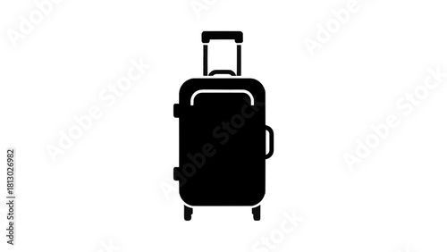 Vector illustration of black silhouette icon of a modern rolling suitcase with an extended handle, isolated on transparent background 