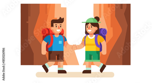 Joyful Hikers Exploring Geological Formations on Adventure Journey Together