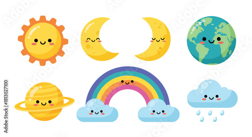 A charming collection of cartoon celestial bodies, including a smiling sun, moon phases, planet, earth, rainbow, and clouds, rendered in a cheerful flat vector style, perfect for educational or