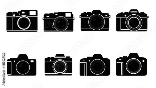 Vector illustration of set of eight black and white silhouette icons representing various vintage and modern camera designs isolated on transparent background 