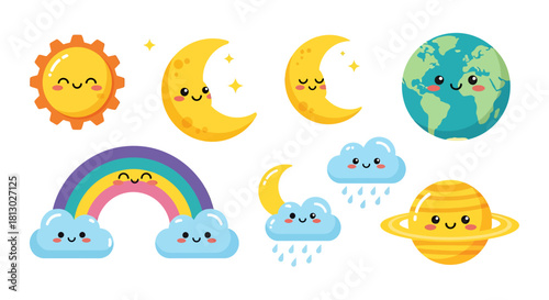 This vector illustration features a collection of cute celestial bodies including the sun, moon, earth, rainbow, clouds, and planets, all with cheerful expressions.