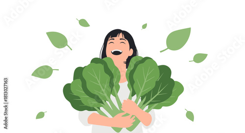 Joyful Woman Embracing a Bunch of Fresh, Green Vegetables, Celebrating Health
