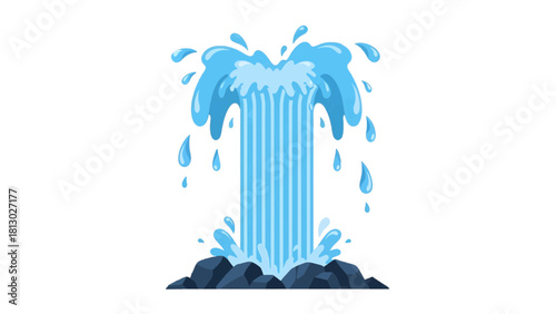 Vector illustration of vector illustration of a powerful water fountain splashing upwards from dark rock base, isolated on transparent background 