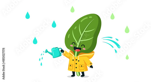 Joyful Leafy Character Watering Raindrops with Cheerful Expressions In Black