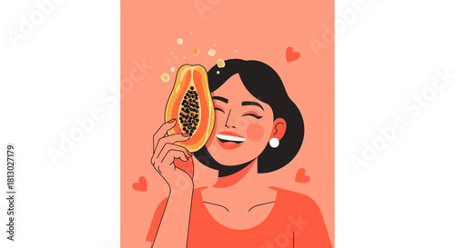 Joyful Woman Holding Papaya with Love, Healthy Food, Fresh Concept and Smiling Face