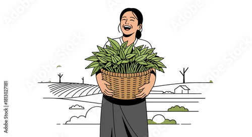 Joyful Woman Holding a Basket Filled With Fresh Plants in Hand-Drawn Style