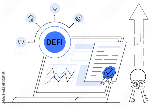 Laptop with DeFi label, analytics graph, certified document, and interconnected icons. Ideal for finance, blockchain, technology, investment innovation decentralization and banking. Simple flat