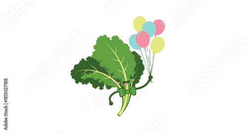 Joyful Leafy Green Holding Colorful Balloons Against a Dark Black Background