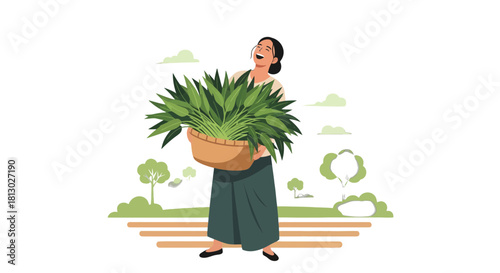 Joyful Woman Holds a Basket Filled With Freshly Harvested Green Leaves on Nature's Stage