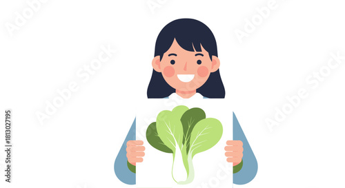 Joyful Woman Showcasing Fresh Produce with Illustrated Bok Choy on a White Card