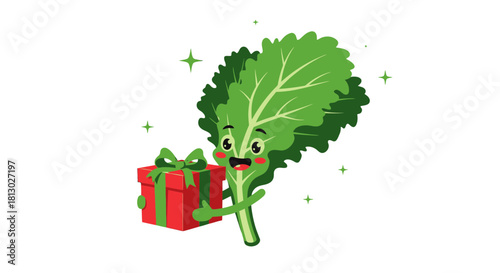 Joyful Lettuce Character Holding a Gift Box on Black Background for a Festive Celebration