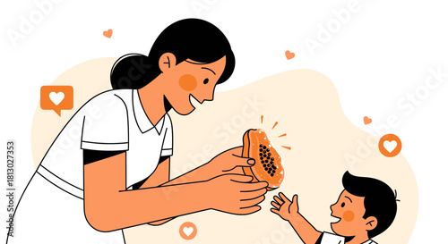 Joyful Mother Sharing Papaya With Child, Symbolizing Affection and Nutritional Value