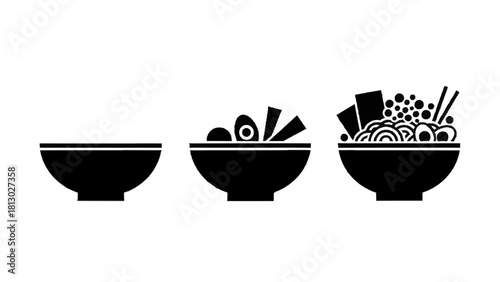 Vector illustration of three stage process icon showing ramen bowl preparation from empty to fully prepared, isolated on transparent background 