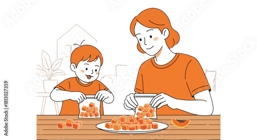 Joyful Mother And Son Prepare Sweet Cubes Of Delicious Papaya Together In Harmony