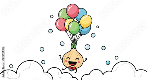 Joyful Onion With Balloons Soaring High Above A Fantastical Black Backdrop