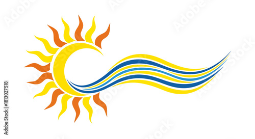 A vibrant vector illustration showcases a stylized sun radiating warmth and energy, complemented by flowing blue and yellow lines against a clean white background, creating an eye-catching design.