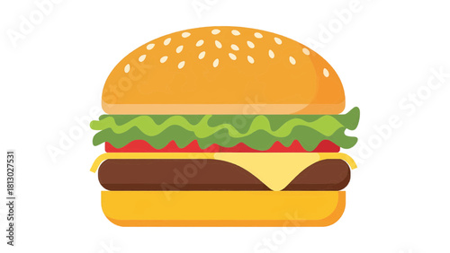 Vector illustration of classic cheeseburger illustration with sesame seed bun, lettuce, tomato, and melted cheese isolated on transparent background 