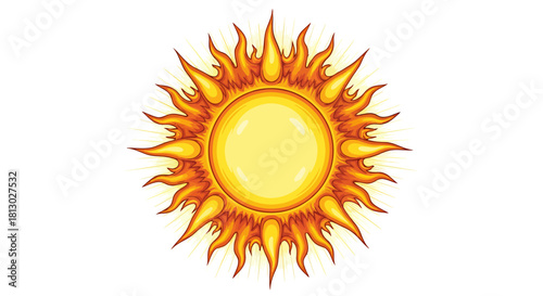 A vibrant vector illustration showcases a stylized sun radiating warmth and energy, perfect for designs requiring a bright, cheerful, and eye-catching visual element.