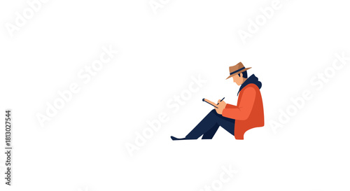 Lone Figure Writes While Sitting In Solitude Against an Intense and Dark Black Background