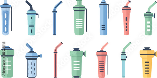 Collection of Colorful Reusable Drinking Straws and Cups for Eco Friendly Lifestyle