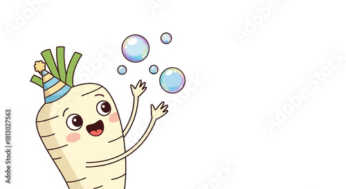 Joyful Parsnip Character Enjoying Bubbles Floating Against a Dark Black Background