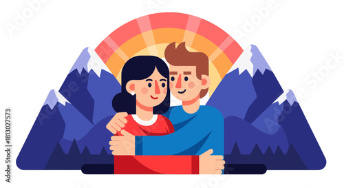 Loving Couple Embracing, Overlooking Majestic Mountains and Colorful Sunset Background