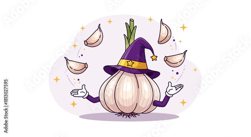 Magical Garlic Character With Wizard Hat Juggling Cloves Against A Dark Background