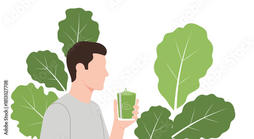 Man Holding Green Smoothie Beverage Surrounded by Leaves with Black Background