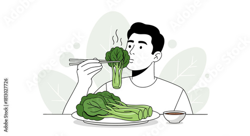 Man Inhaling Aroma Of Fresh Greens, Ready To Savor Nutritious and Healthy Food
