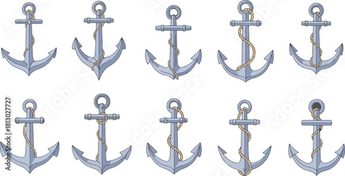 Set of Nautical Anchors with Rope in Various Positions for Marine and Maritime Designs