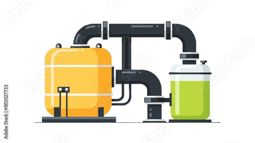 Vector illustration of flat design illustration of chemical processing equipment with yellow and green tanks isolated on transparent background 