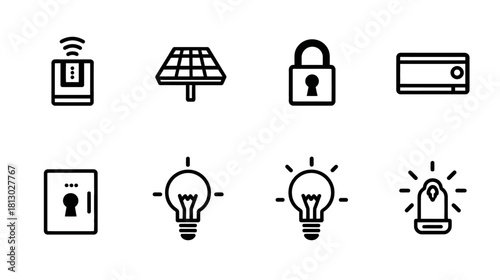 Smart Home Security, Energy Management, and IoT Automation Line Icons Collection. Modern technology symbols.