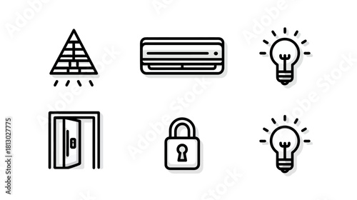 Outline vector icons set for travel, home comfort, ideas, access, and security concepts on white