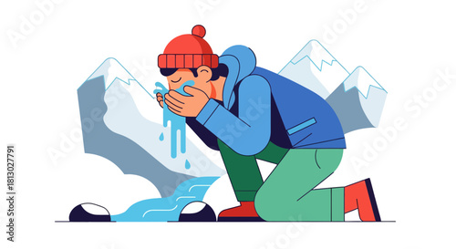 Man Refreshing Himself with Water Flowing from the Mountainous Peaks Illustration