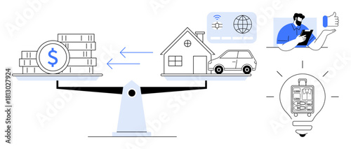 Scale balancing money, house, car, and digital elements man analyzing data, innovation light bulb. Ideal for finance, budgeting, economic planning, investments technology innovation business